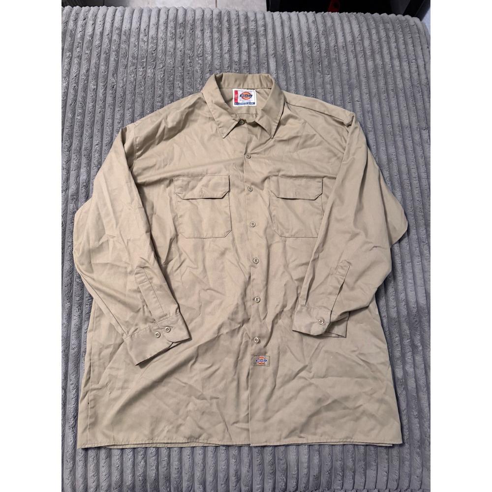 Dickies Mens Long Sleeve Work Shirt Khaki Tan Button Down Utility Top 3XL